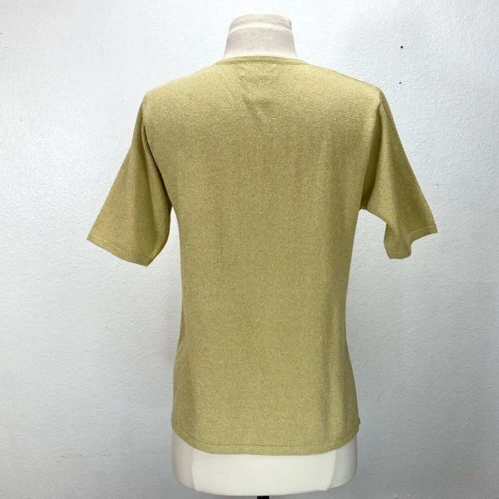 Vintage Y2K Yarnworks Gold Metallic Sweater Small Knit Short Sleeve Pullover
